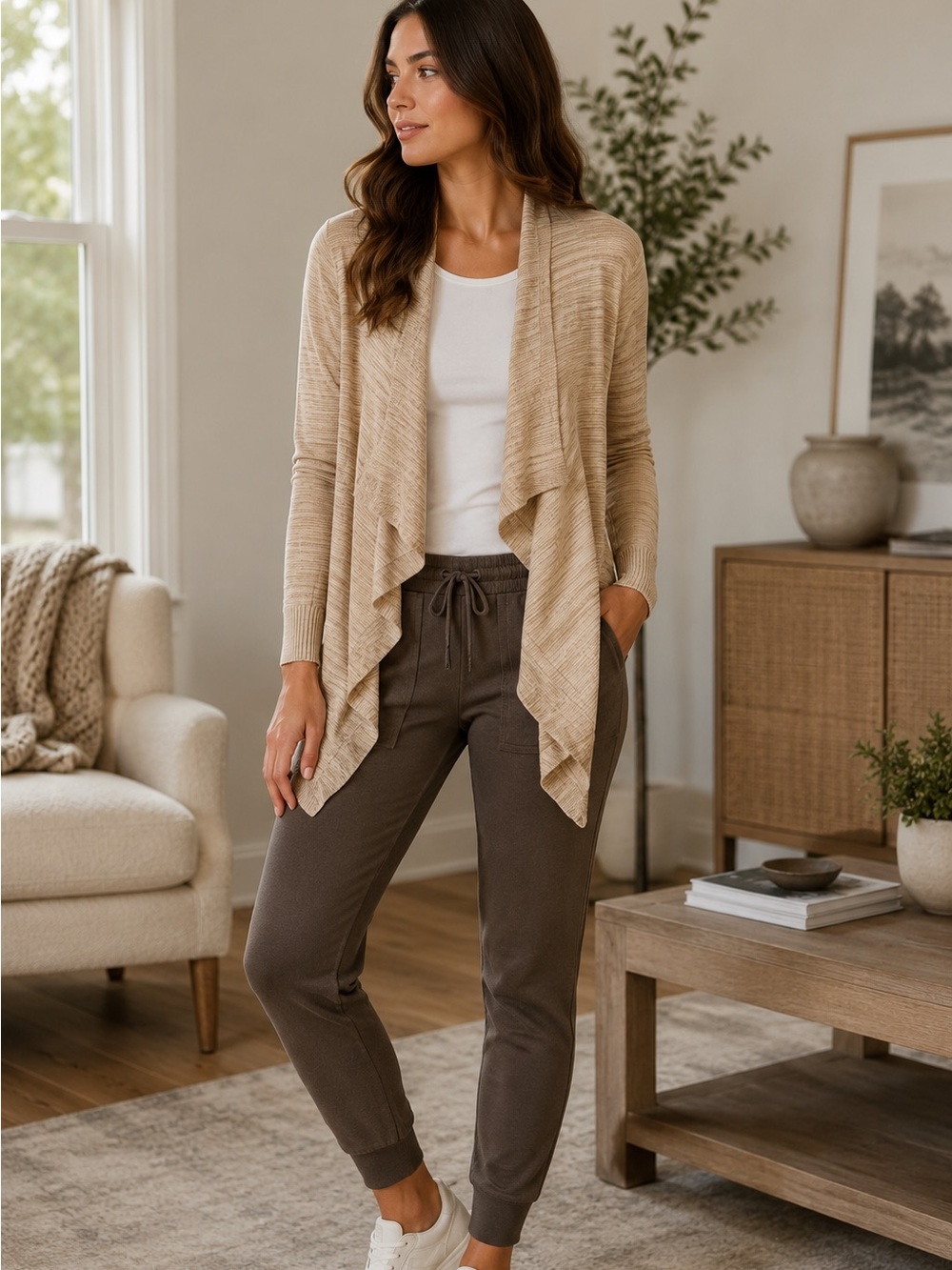 ATHLETA Women’s Beige & Cream Stripes Waterfall Open Long Cardigan M Athleisure